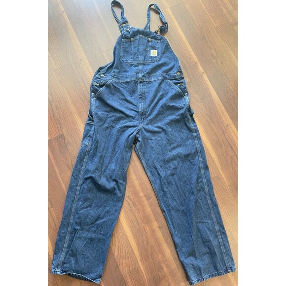 Men's Carhartt R07 DST Denim Carpenter Bib Overalls 42 X 32 EUC - Picture 1 of 13